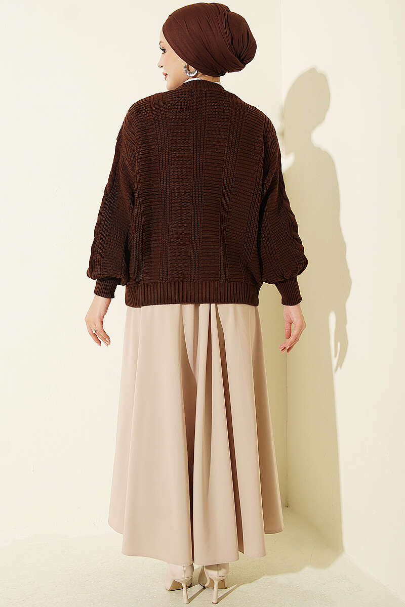 Short Cable-Knit Button Cardigan - Brown