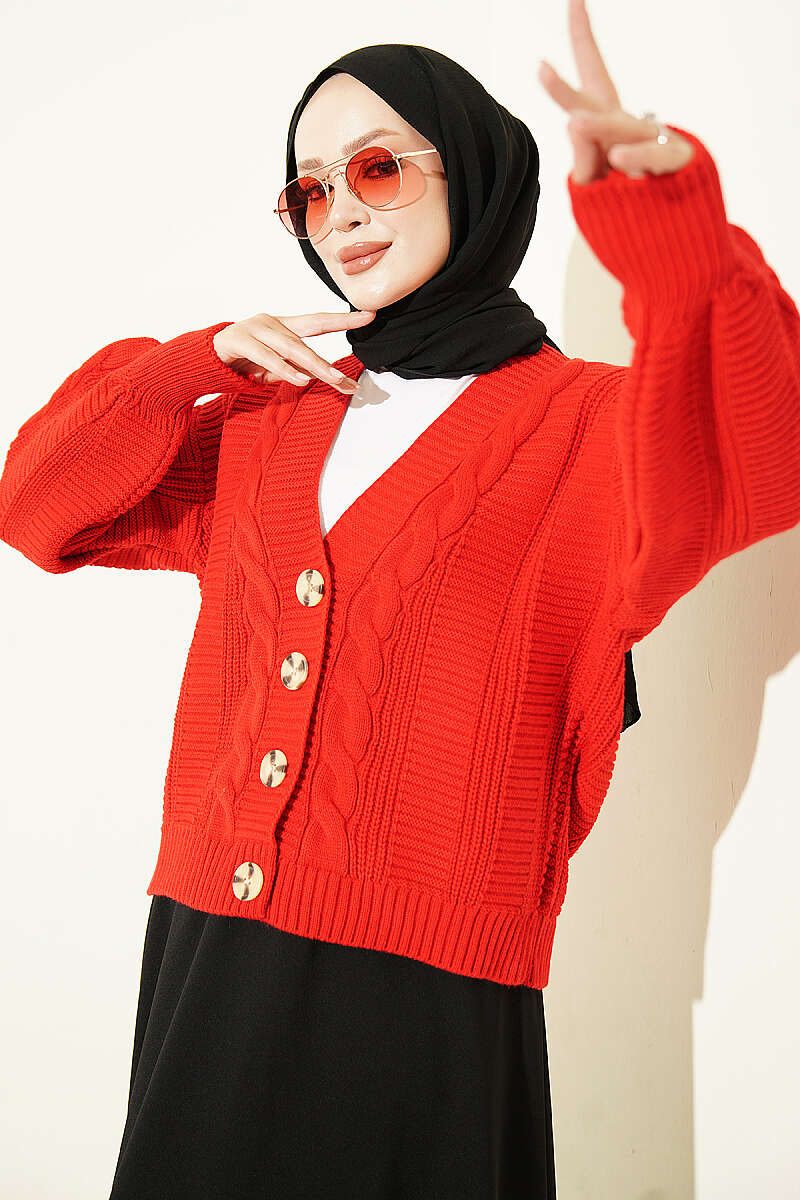 Short Cable-Knit Button Cardigan - Red