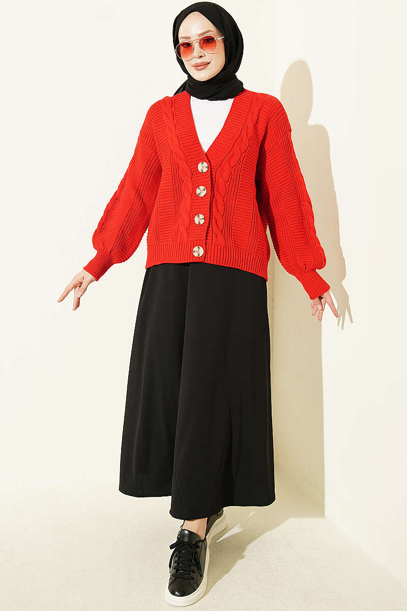 Short Cable-Knit Button Cardigan - Red