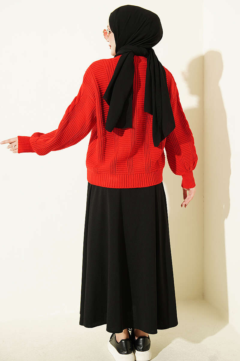 Short Cable-Knit Button Cardigan - Red