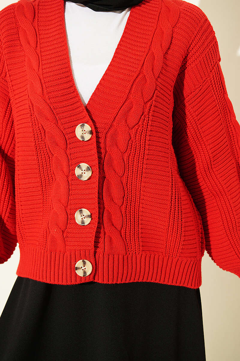 Short Cable-Knit Button Cardigan - Red