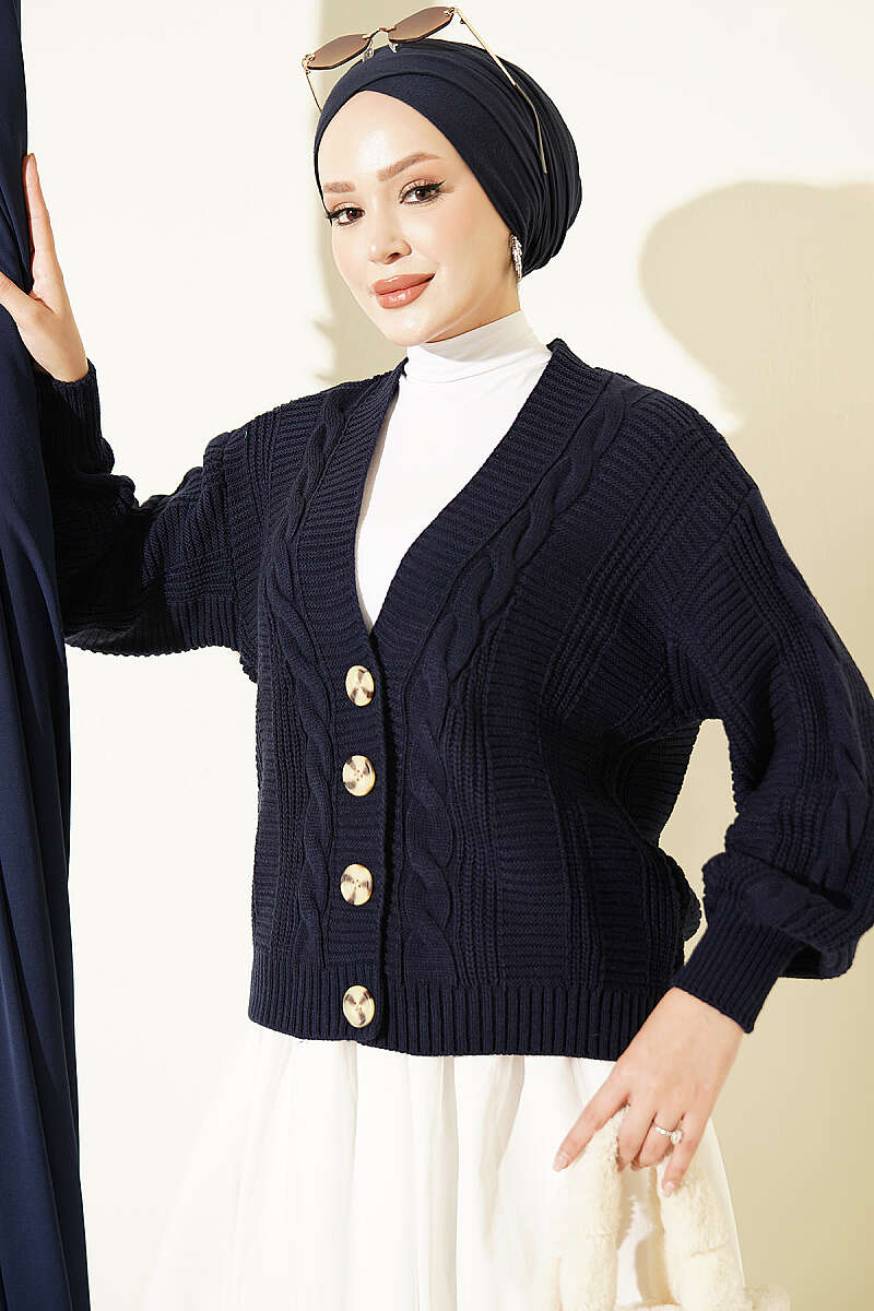 Short Cable-Knit Button Cardigan - Navy