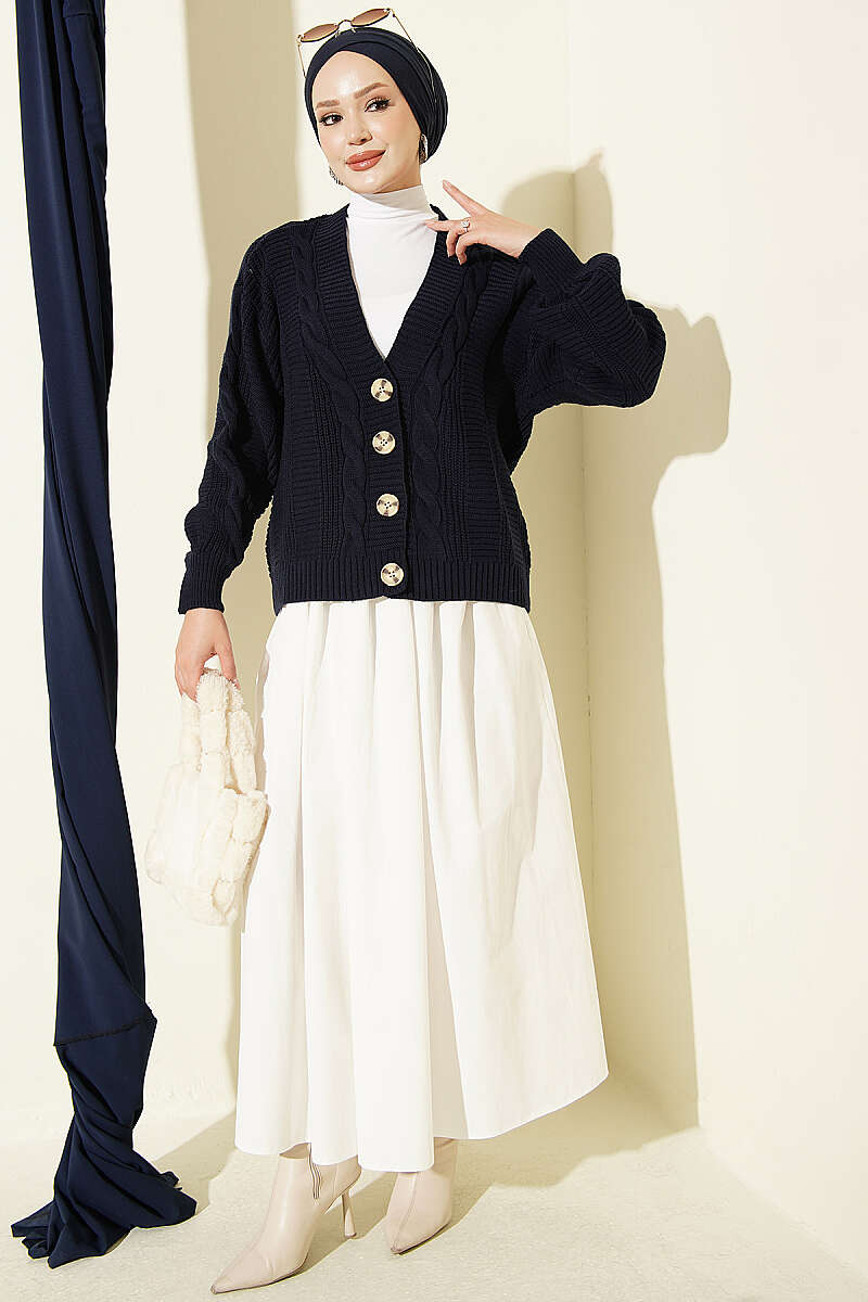Short Cable-Knit Button Cardigan - Navy