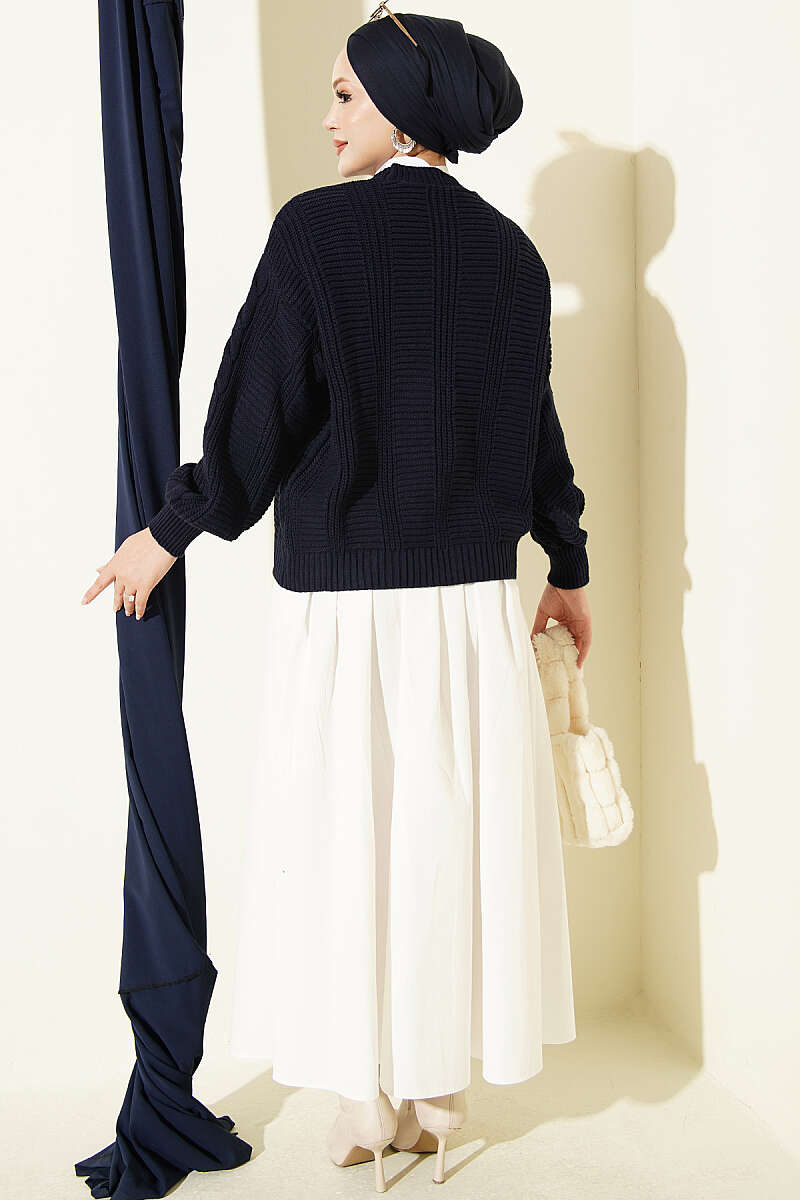 Short Cable-Knit Button Cardigan - Navy
