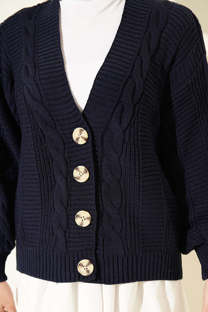 Short Cable-Knit Button Cardigan - Navy