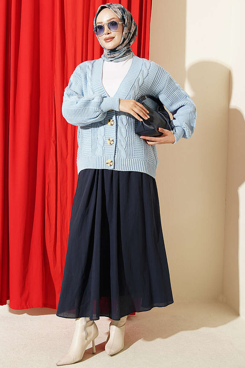 Short Cable-Knit Button Cardigan - Blue