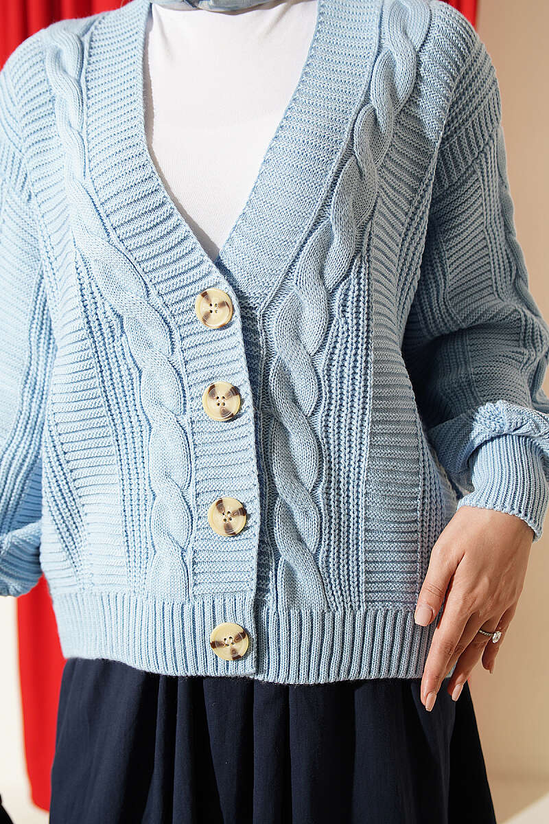Short Cable-Knit Button Cardigan - Blue