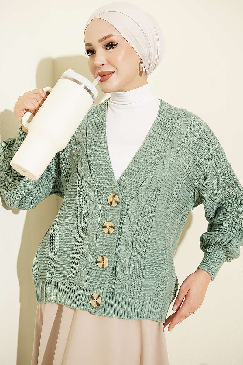 Short Cable-Knit Button Cardigan - Mint