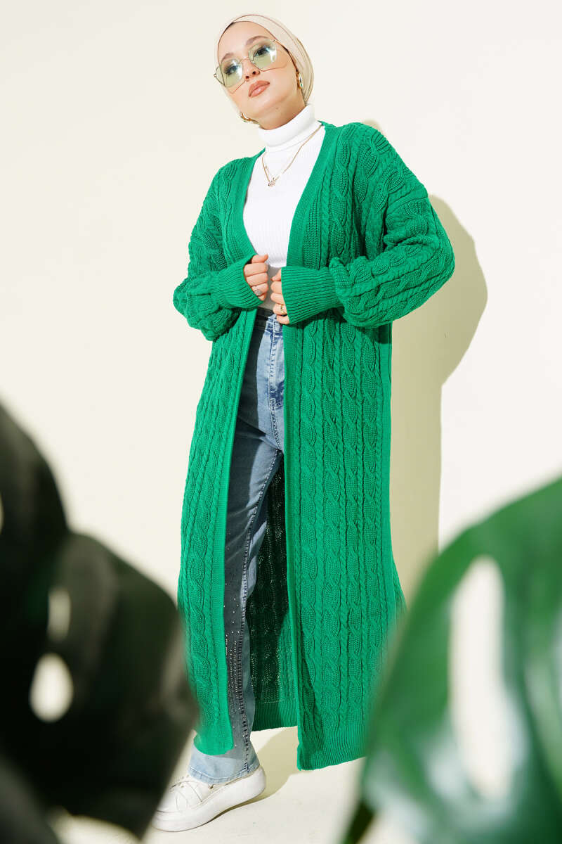 Long Cable-Knit Cardigan - Green