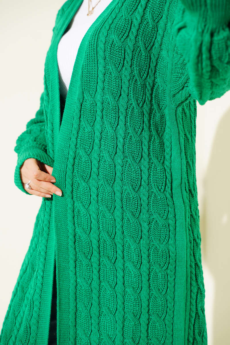 Long Cable-Knit Cardigan - Green