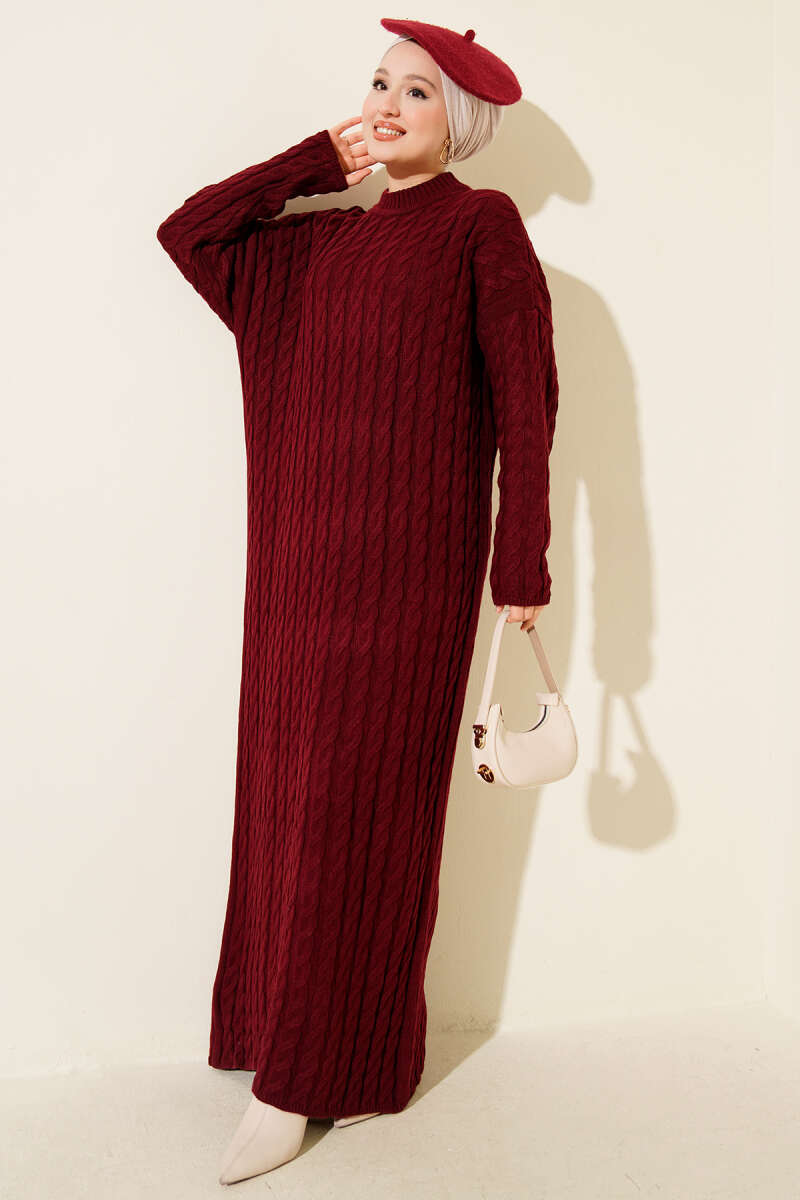 Basic Cable-Knit Dress - Burgundy