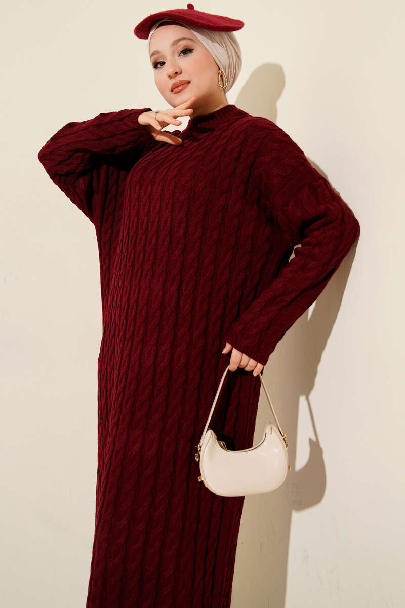 Basic Cable-Knit Dress - Burgundy