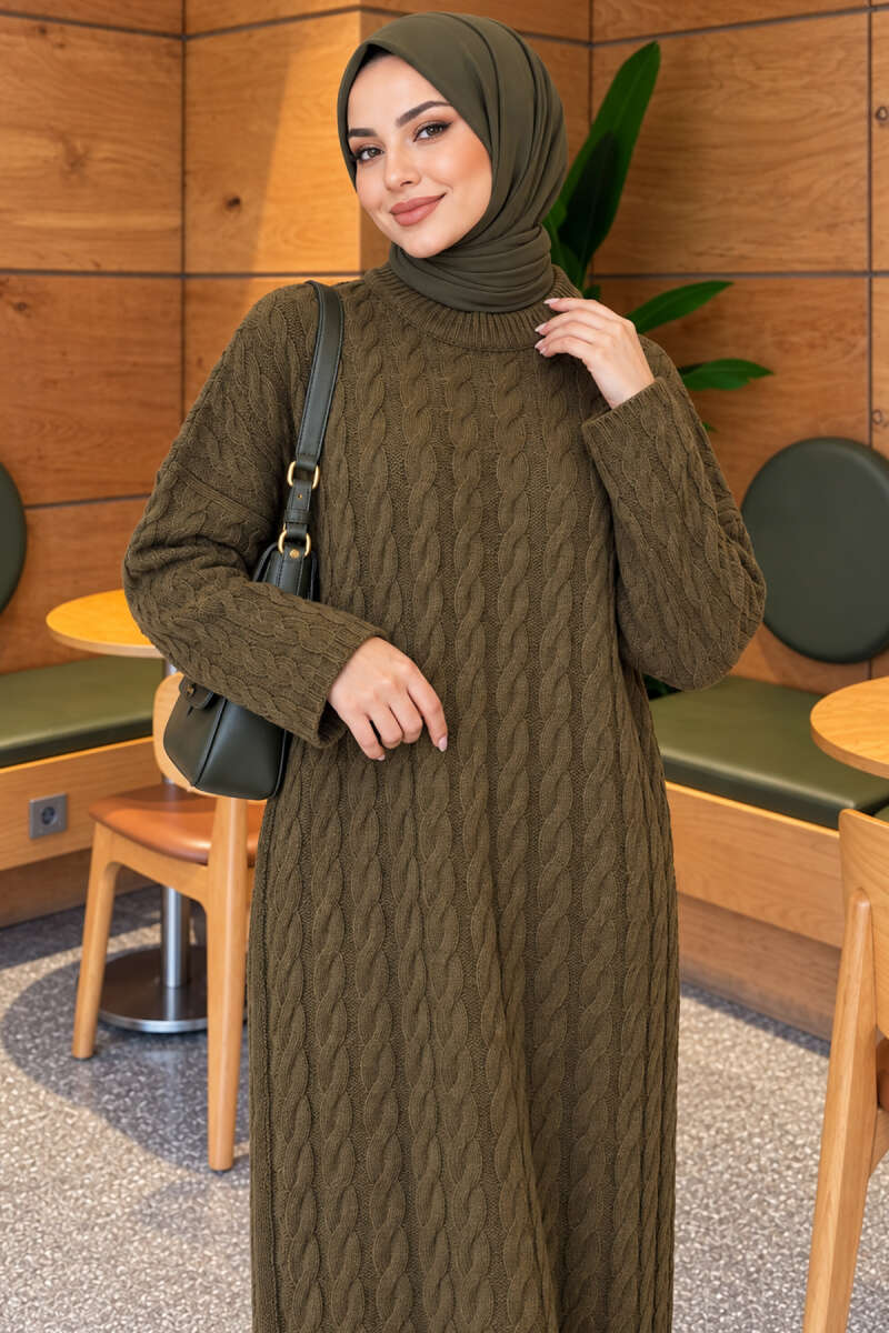 Basic Cable-Knit Dress - Khaki