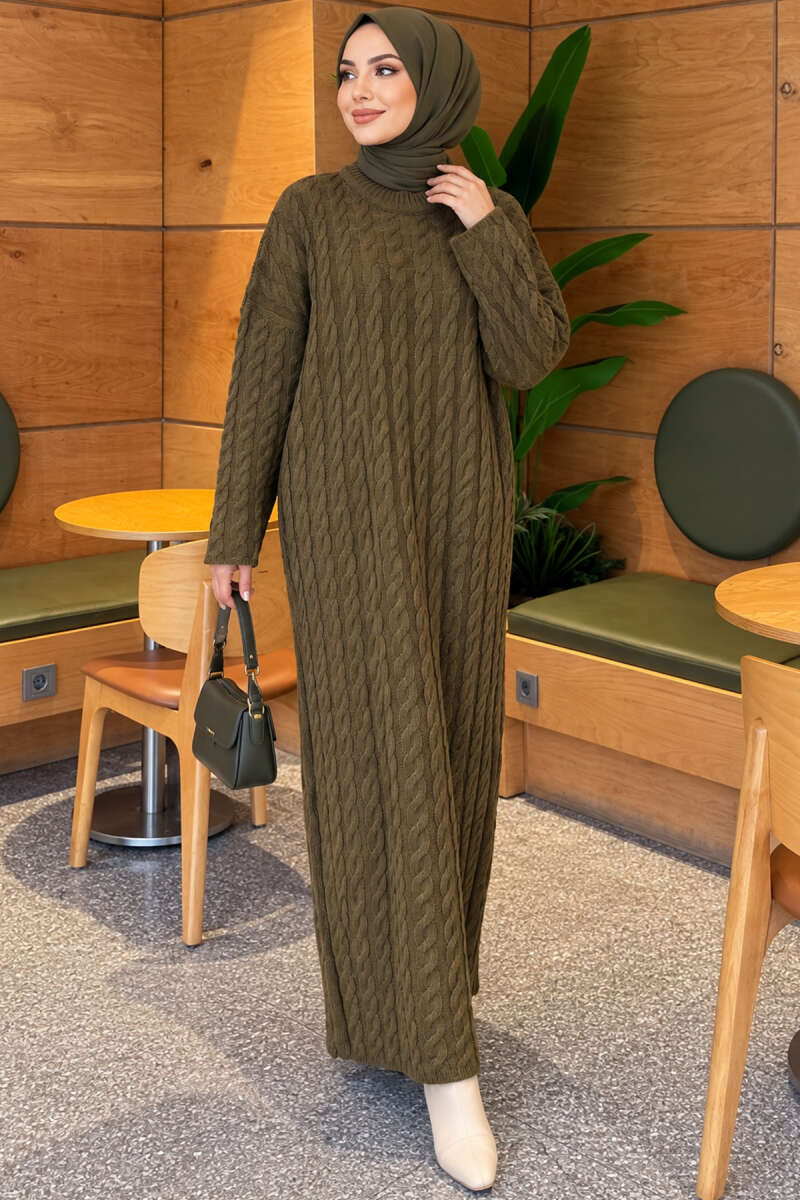 Basic Cable-Knit Dress - Khaki