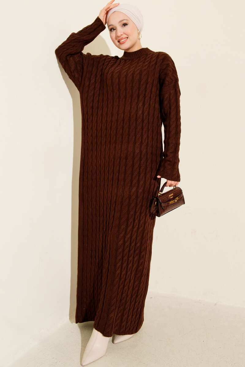 Basic Cable-Knit Dress - Brown