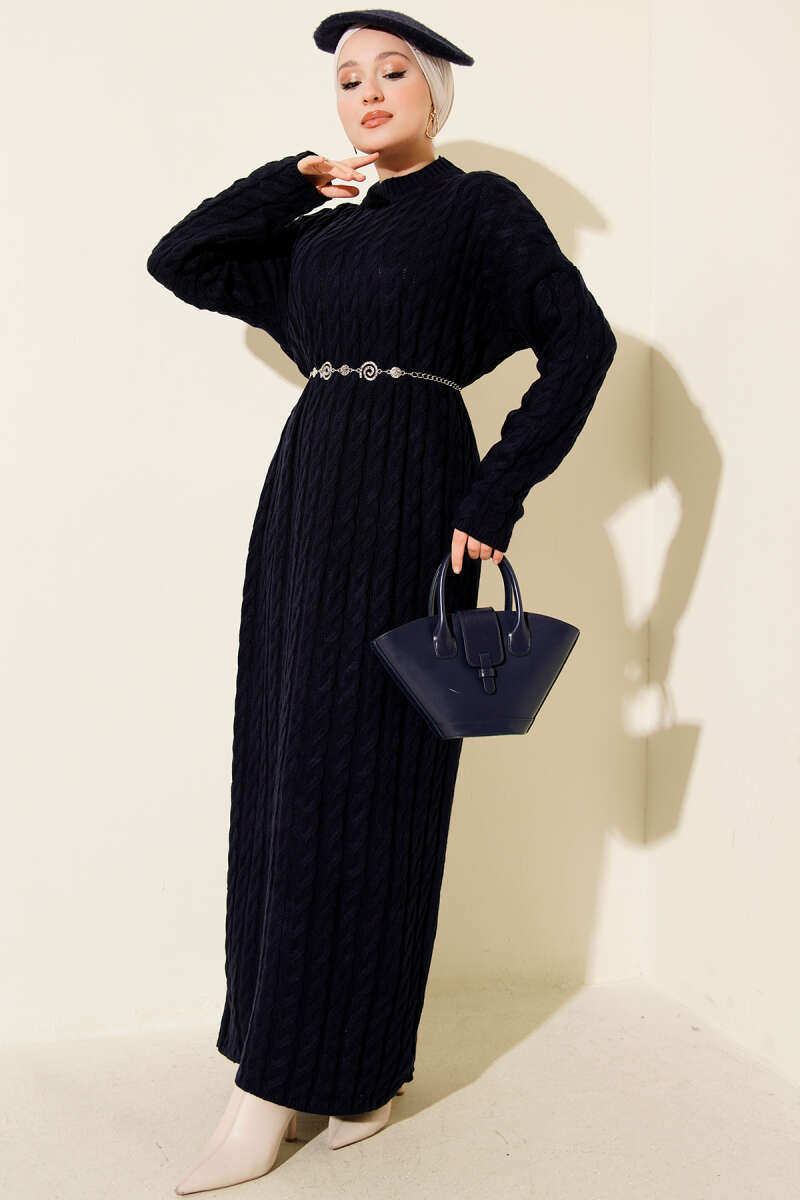 Basic Cable-Knit Dress - Navy