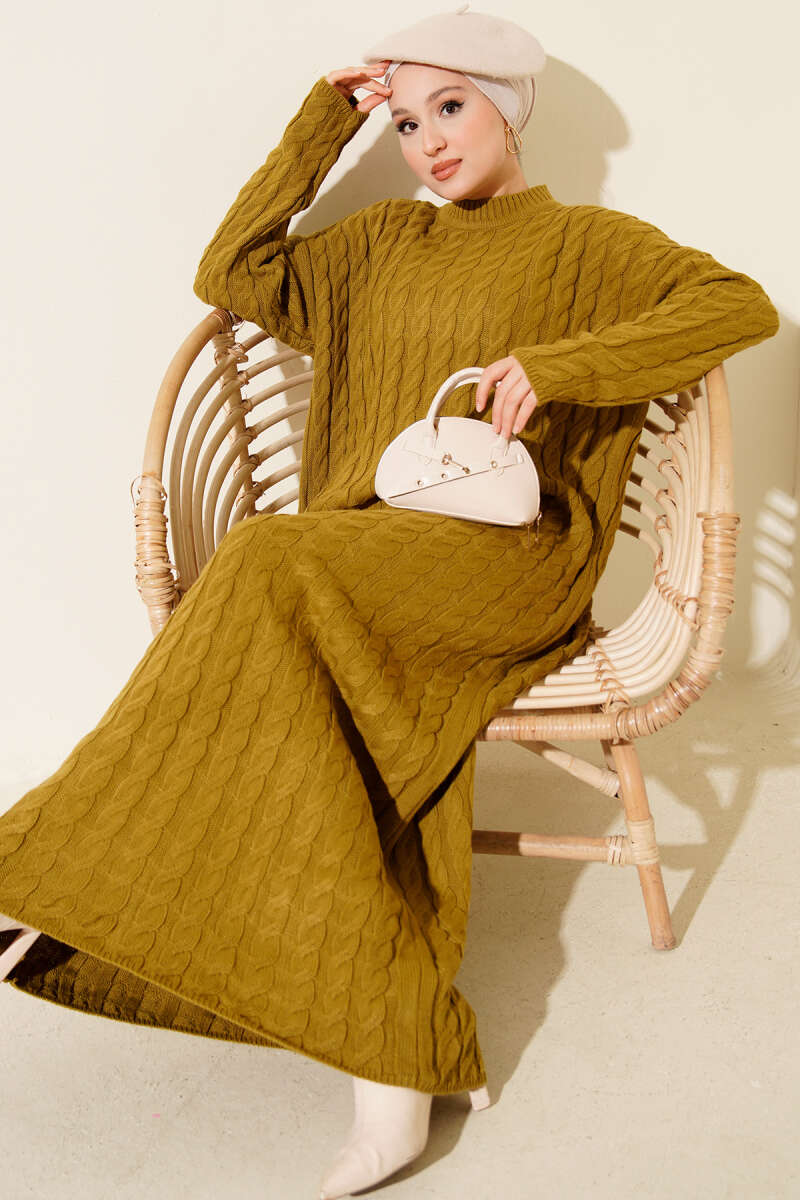 Basic Cable-Knit Dress - Olive