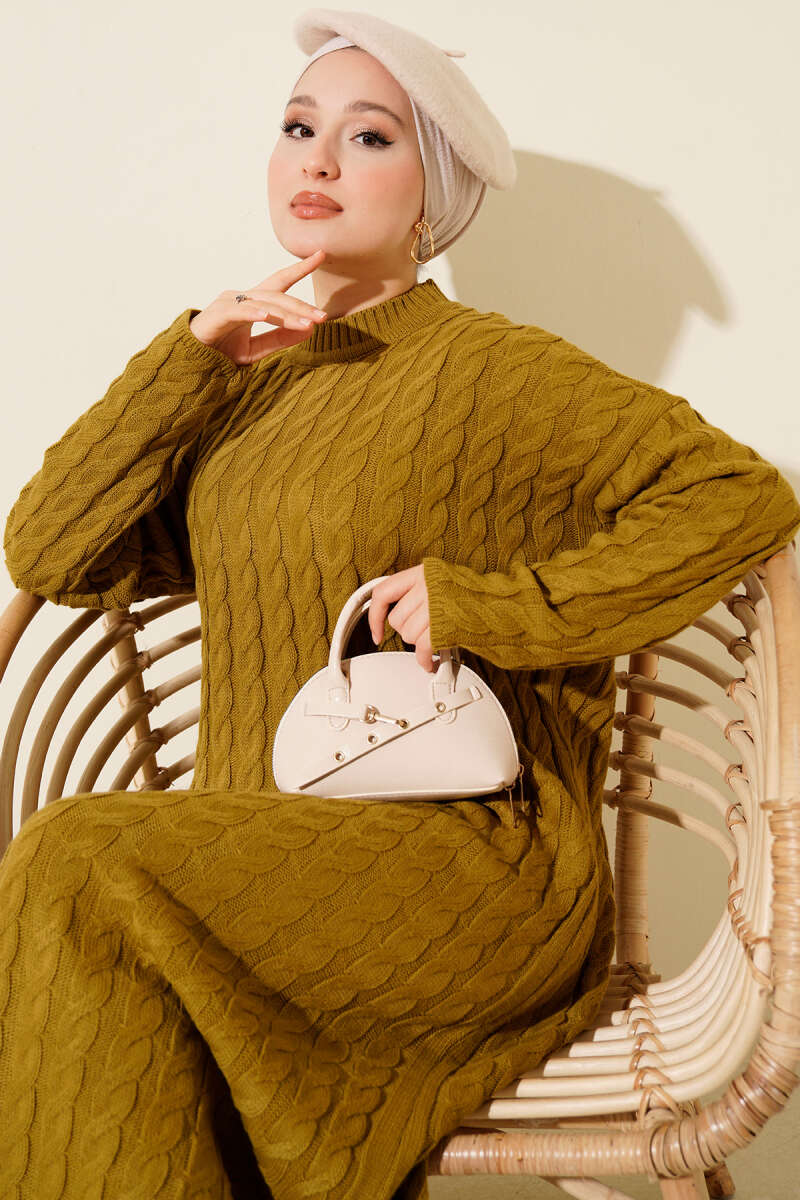 Basic Cable-Knit Dress - Olive