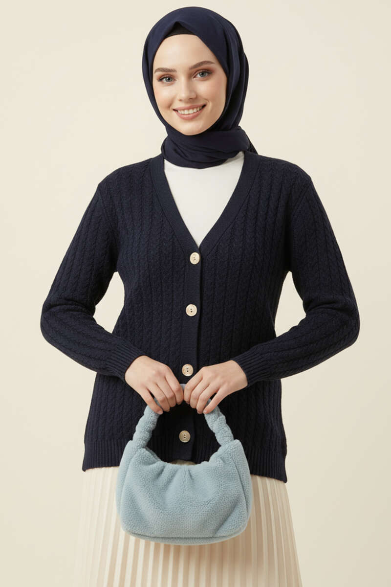 Cable-Knit Button Cardigan - Navy