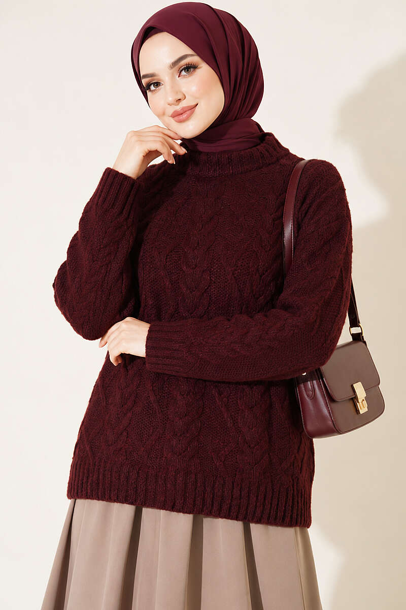 Cable-Knit Sweater - Burgundy