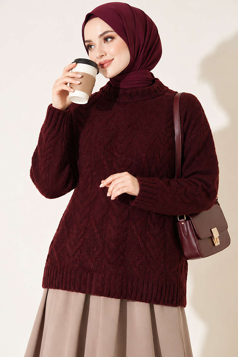 Cable-Knit Sweater - Burgundy