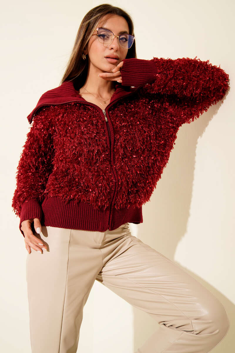 Zip-Up Cardigan with Fringe Detail - Burgundy