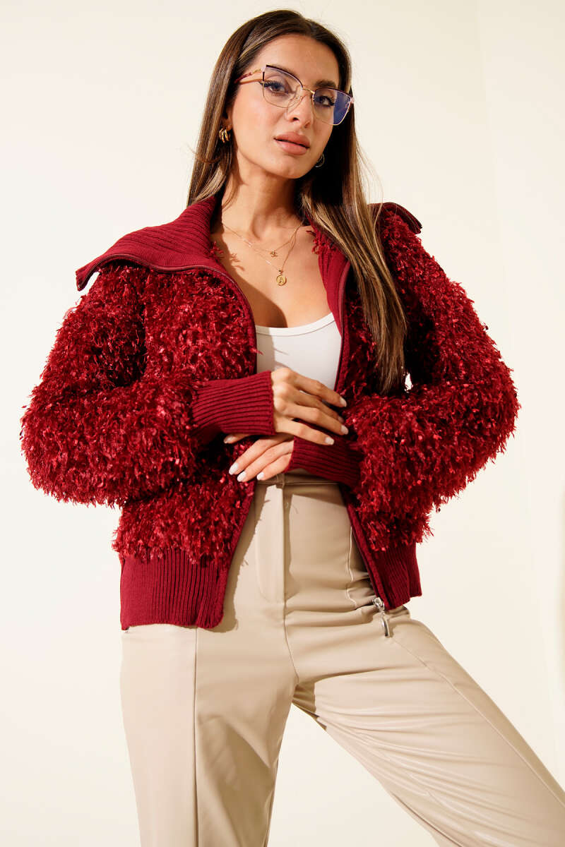 Zip-Up Cardigan with Fringe Detail - Burgundy