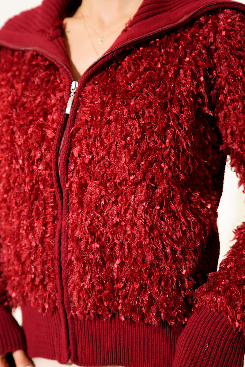 Zip-Up Cardigan with Fringe Detail - Burgundy