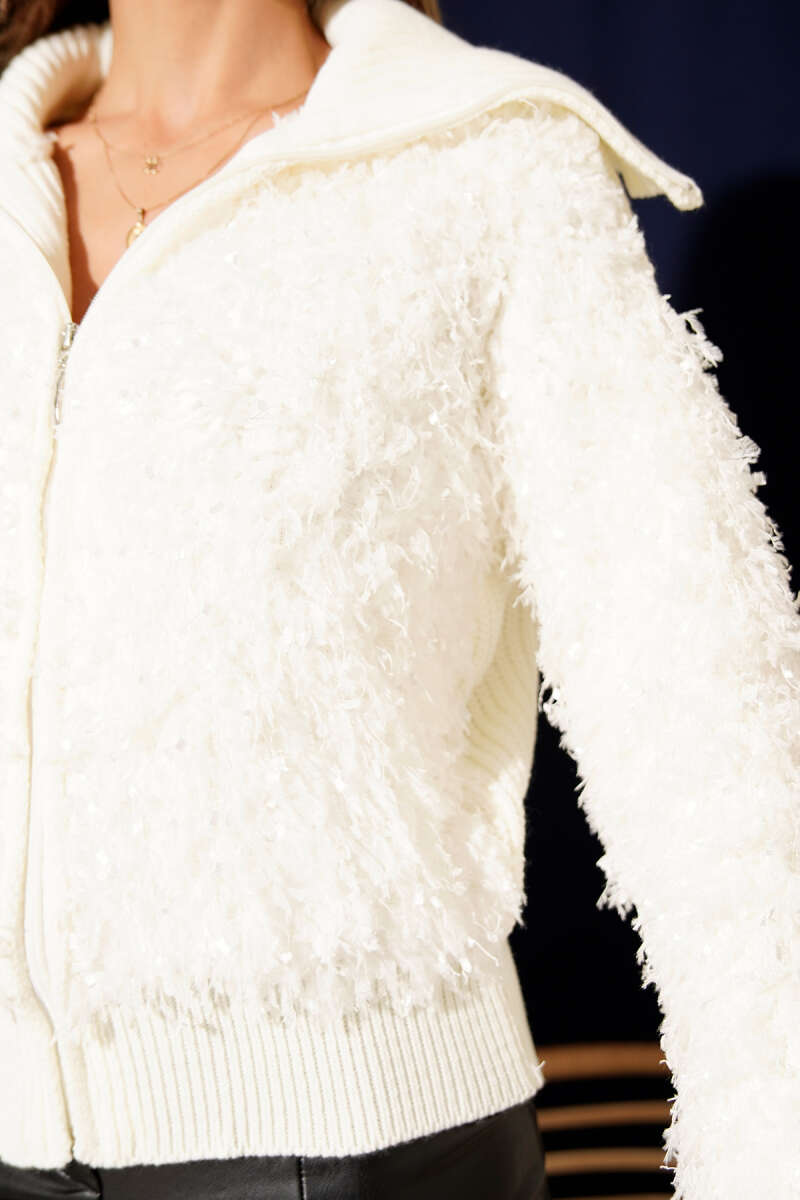 Zip-Up Cardigan with Fringe Detail - Ecru