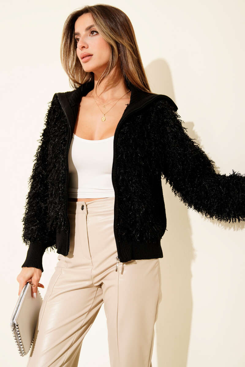 Zip-Up Cardigan with Fringe Detail - Black