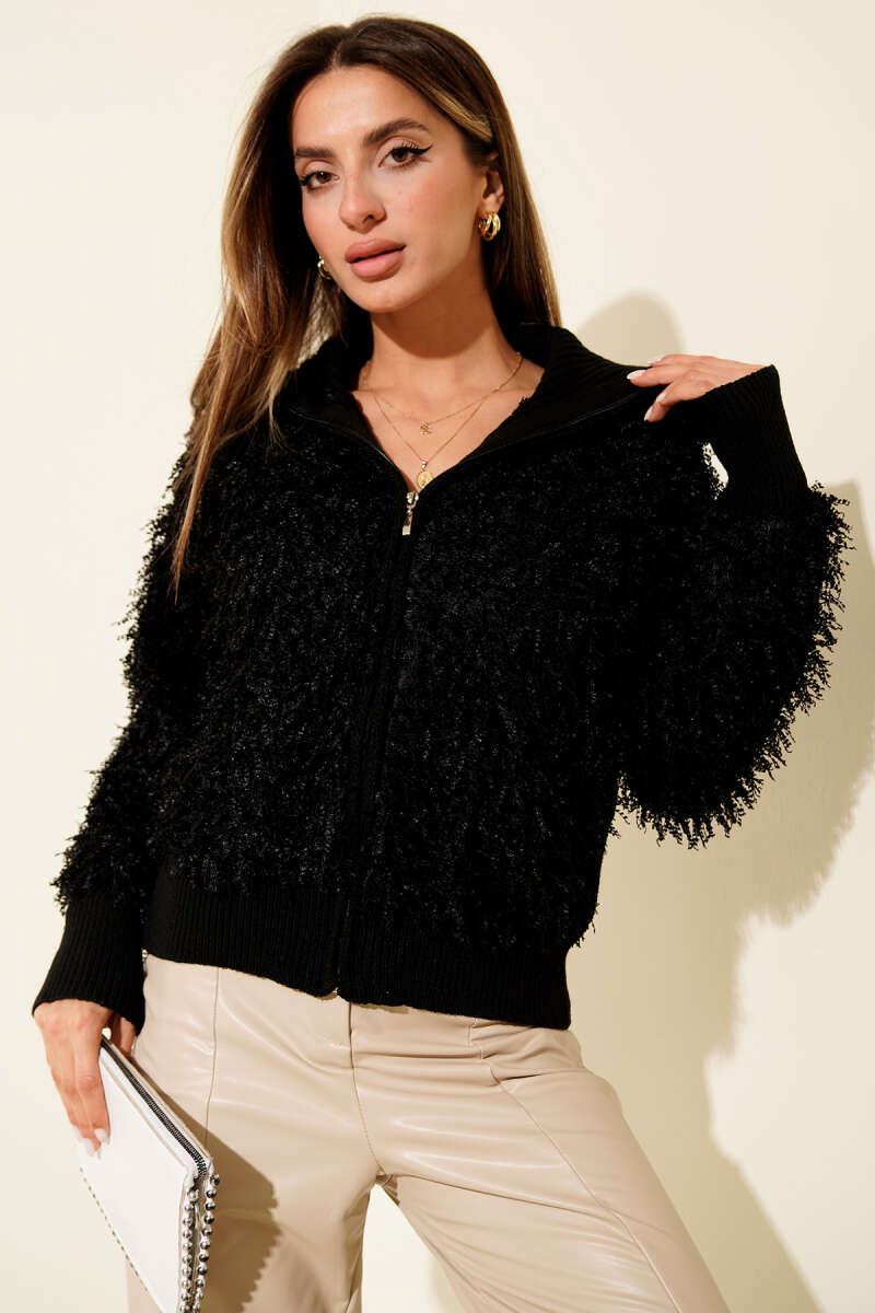 Zip-Up Cardigan with Fringe Detail - Black