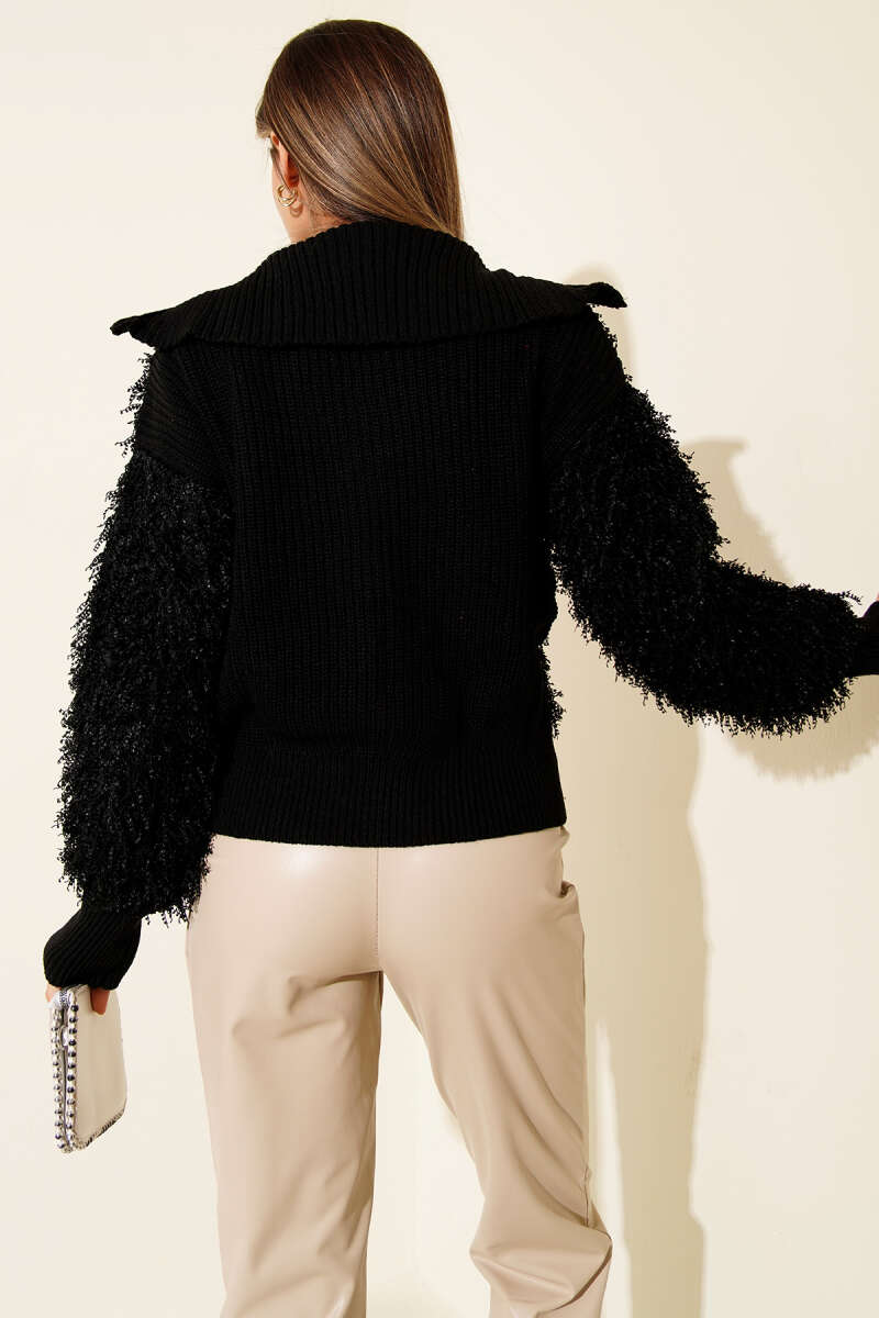 Zip-Up Cardigan with Fringe Detail - Black