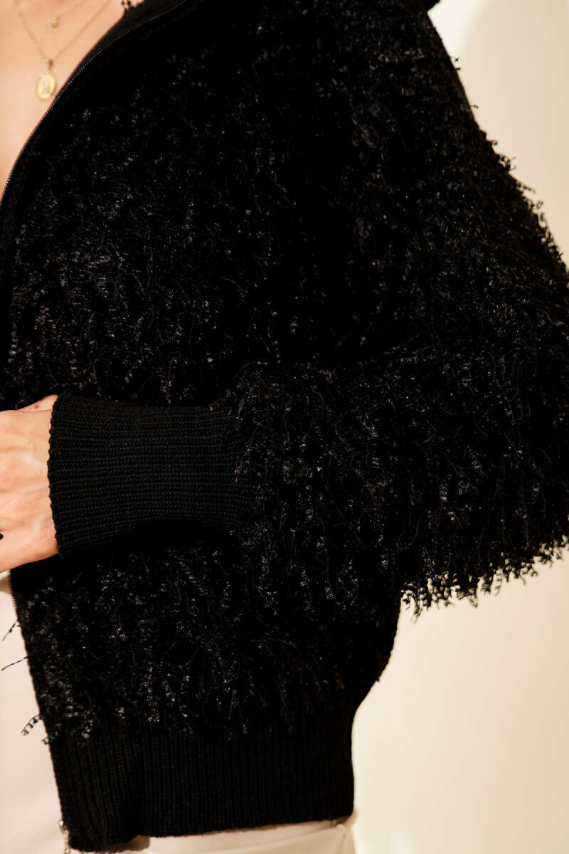 Zip-Up Cardigan with Fringe Detail - Black