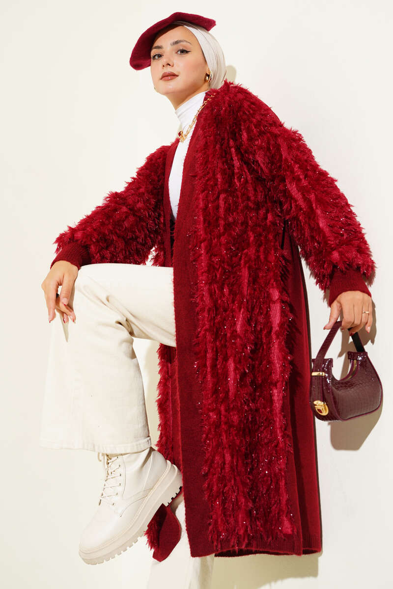 Fringed Knit Cardigan - Burgundy