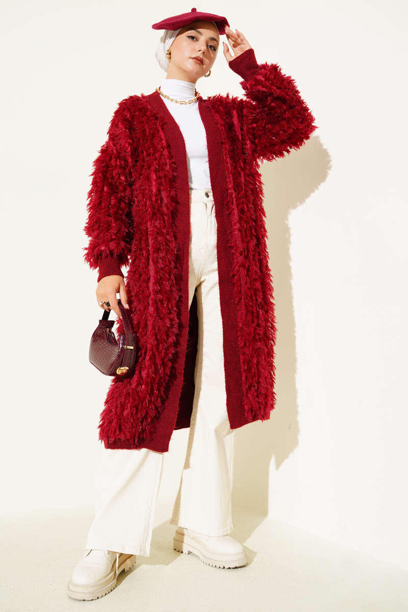 Fringed Knit Cardigan - Burgundy