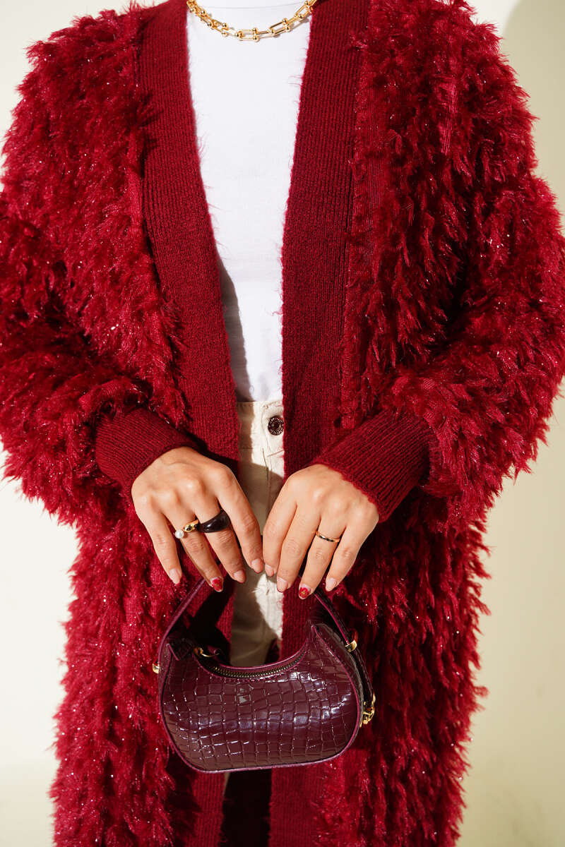 Fringed Knit Cardigan - Burgundy
