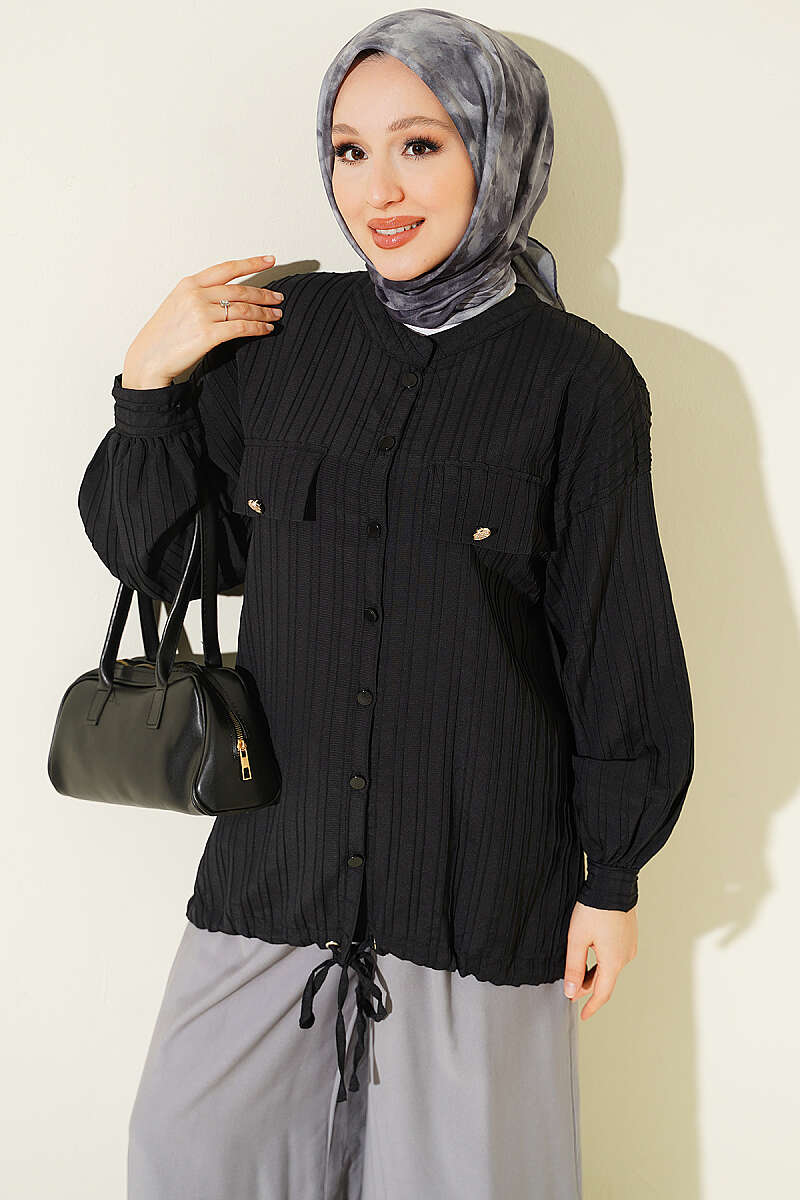 Shirt with Faux Flap Pockets - Black