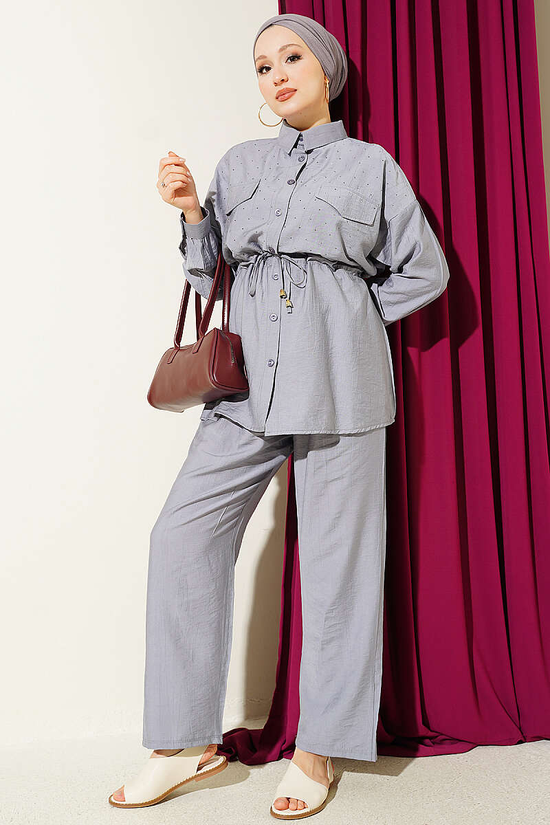 Two-Piece Set with Faux Flap Pockets and Mini Stones - Grey