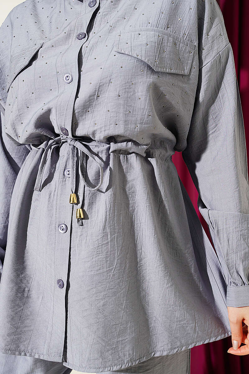 Two-Piece Set with Faux Flap Pockets and Mini Stones - Grey
