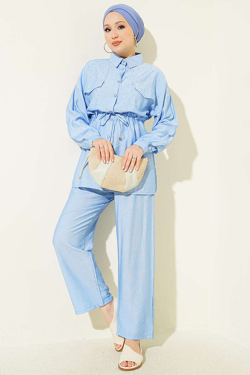 Two-Piece Set with Faux Flap Pockets and Mini Stones - Blue