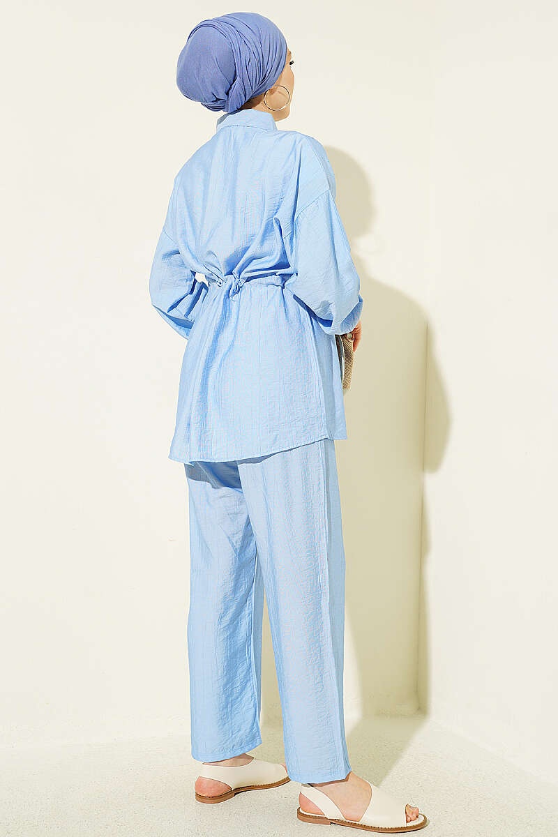 Two-Piece Set with Faux Flap Pockets and Mini Stones - Blue