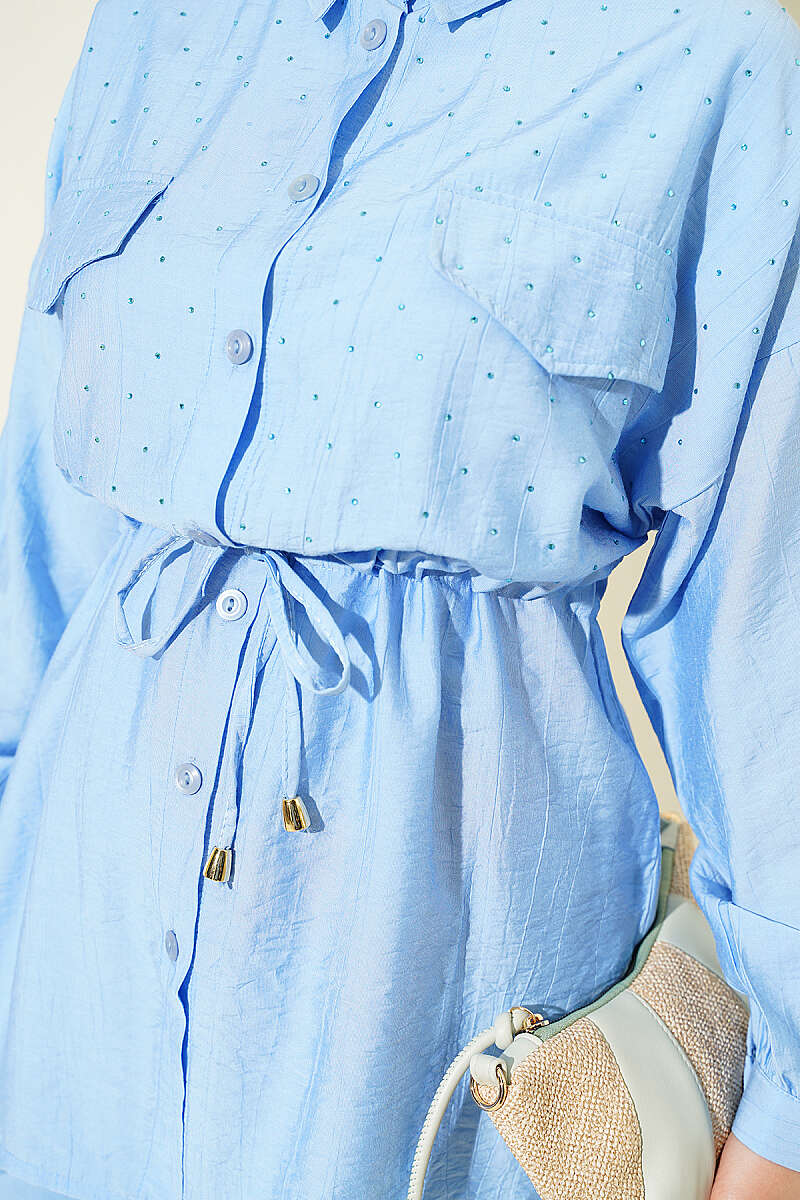 Two-Piece Set with Faux Flap Pockets and Mini Stones - Blue