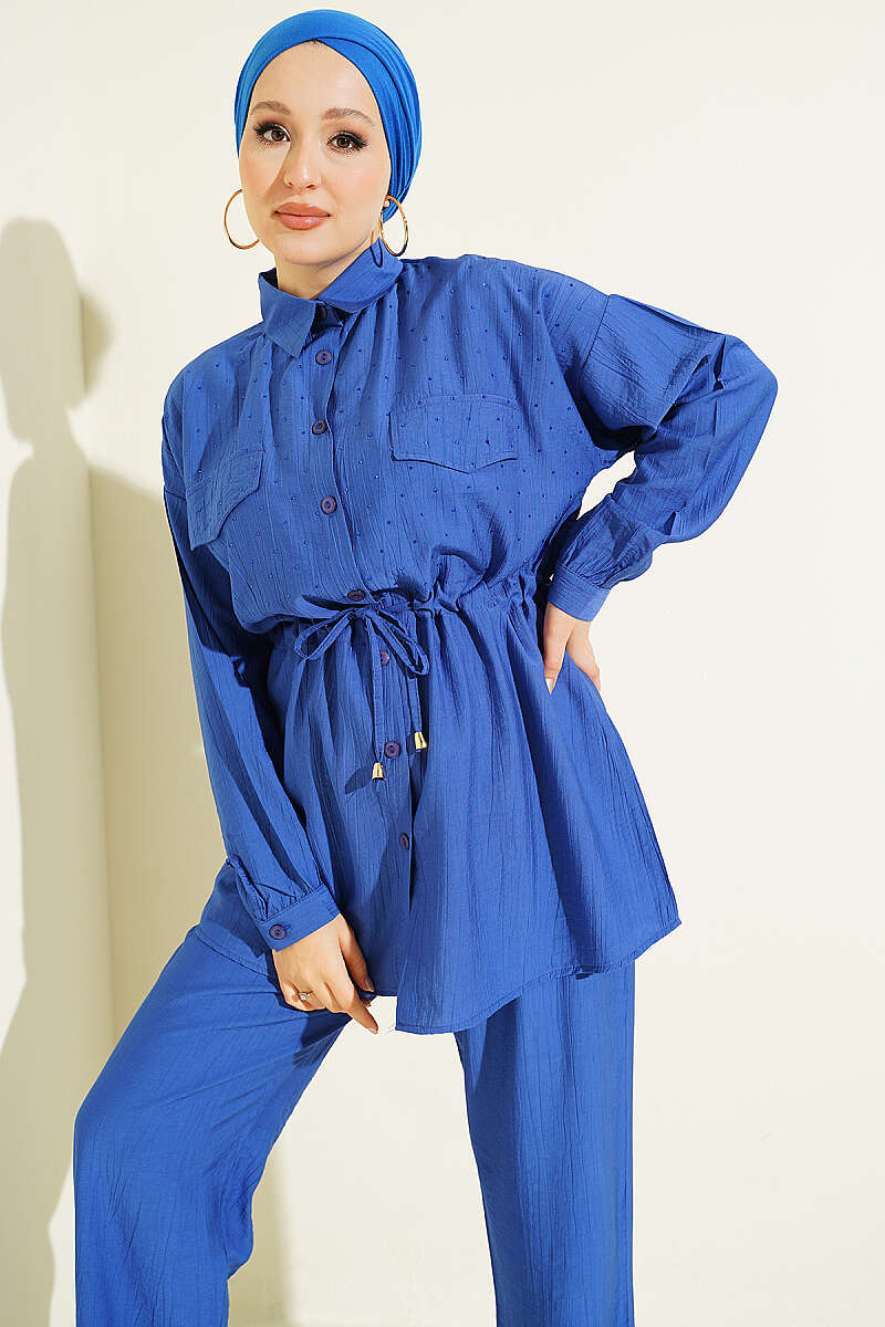 Two-Piece Set with Faux Flap Pockets and Mini Stones - Saxe Blue