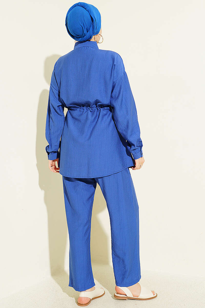 Two-Piece Set with Faux Flap Pockets and Mini Stones - Saxe Blue