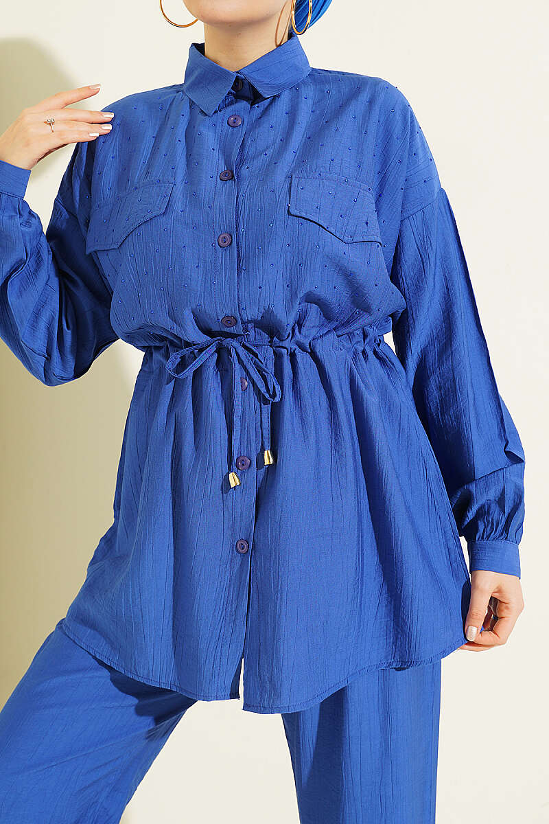 Two-Piece Set with Faux Flap Pockets and Mini Stones - Saxe Blue