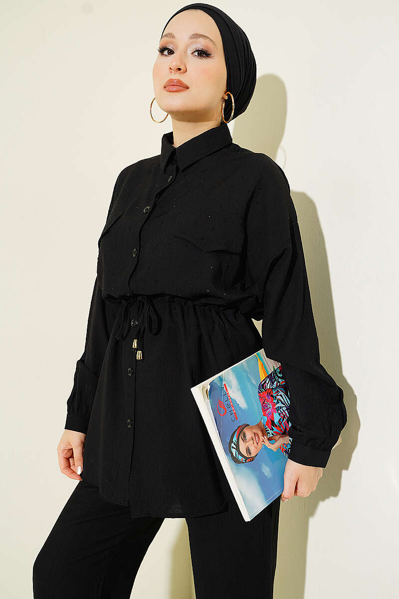 Two-Piece Set with Faux Flap Pockets and Mini Stones - Black