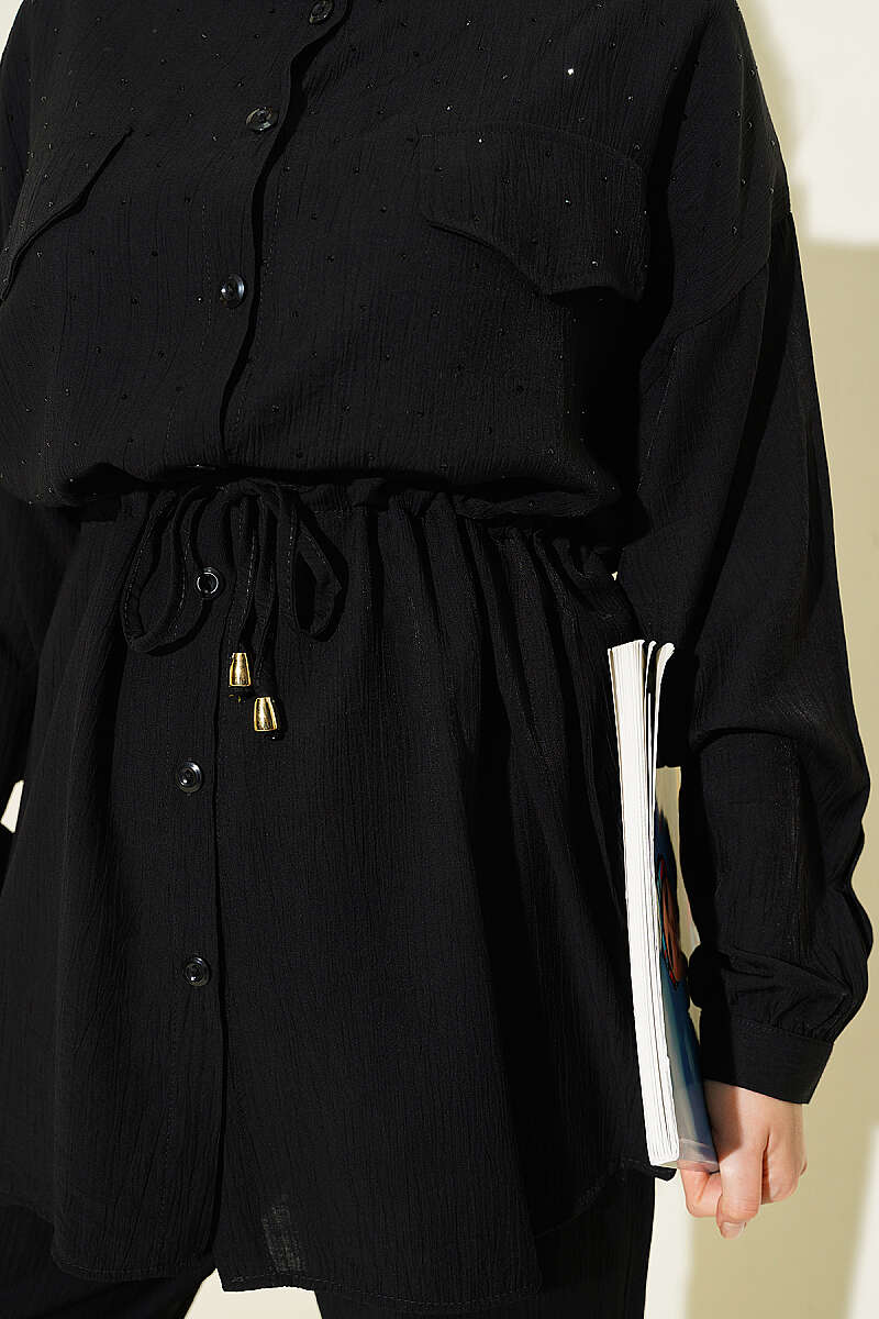 Two-Piece Set with Faux Flap Pockets and Mini Stones - Black