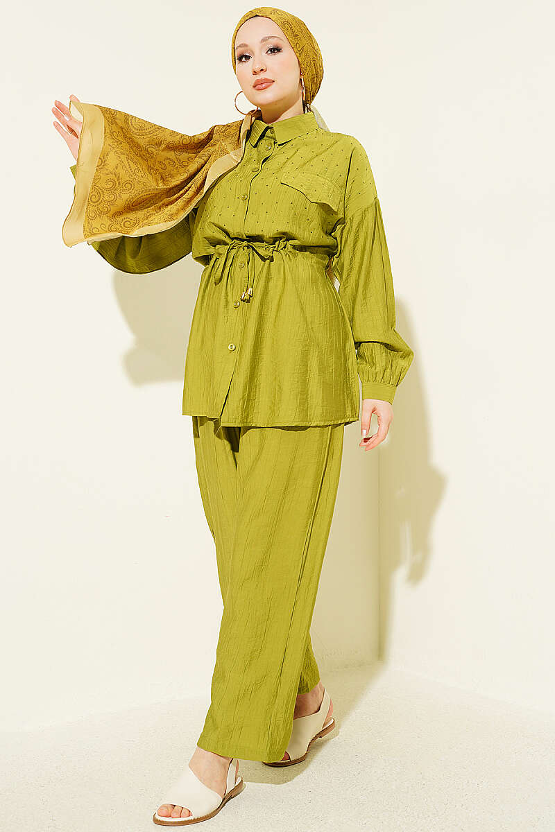 Two-Piece Set with Faux Flap Pockets and Mini Stones - Olive