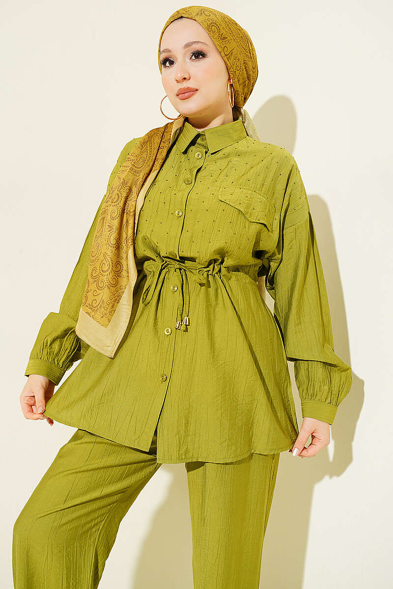 Two-Piece Set with Faux Flap Pockets and Mini Stones - Olive