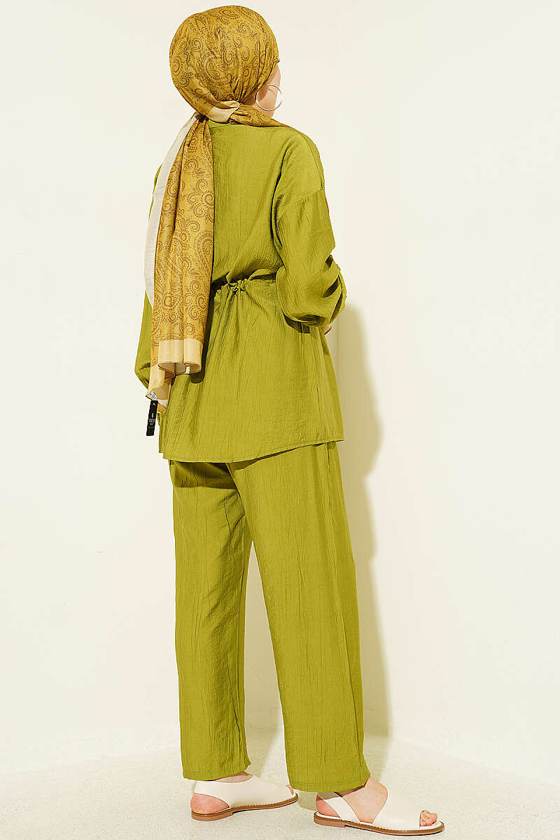 Two-Piece Set with Faux Flap Pockets and Mini Stones - Olive